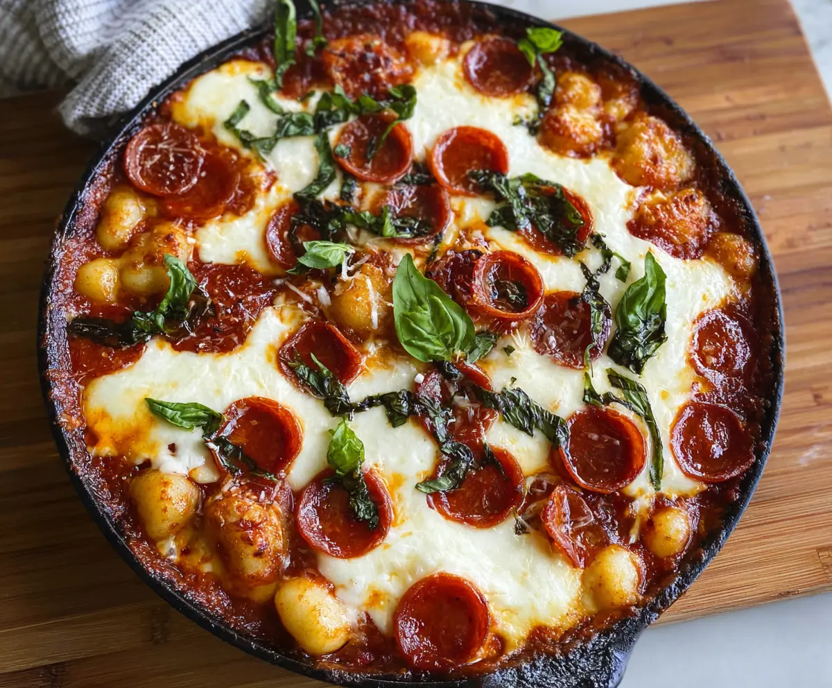 Delicious Gnocchi Pizza topped with melted cheese and fresh herbs on a rustic wooden table.