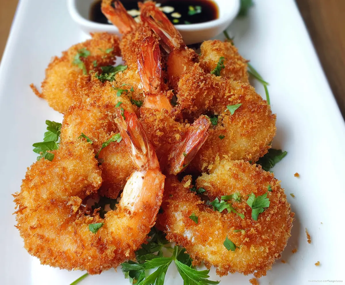 Golden crispy fried shrimp served with a side of lemon and dipping sauce, perfect for a seafood appetizer.