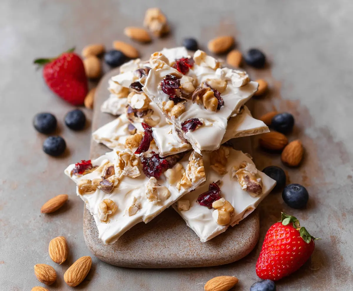 Healthy Greek Yogurt Protein Bark with nuts and berries on a white background