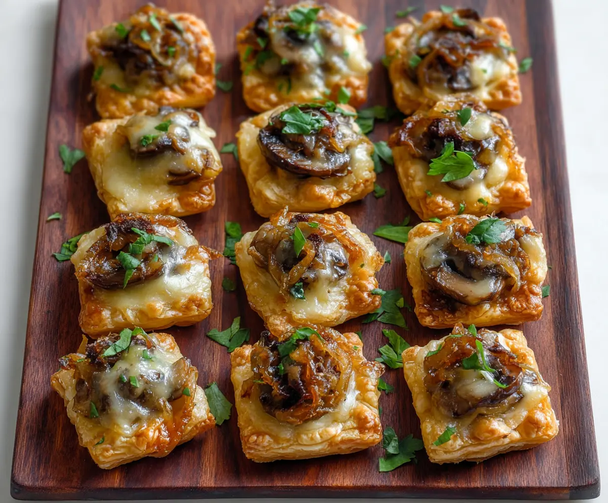 Delicious Gruyere mushroom and caramelized onion bites served on a platter for appetizers.