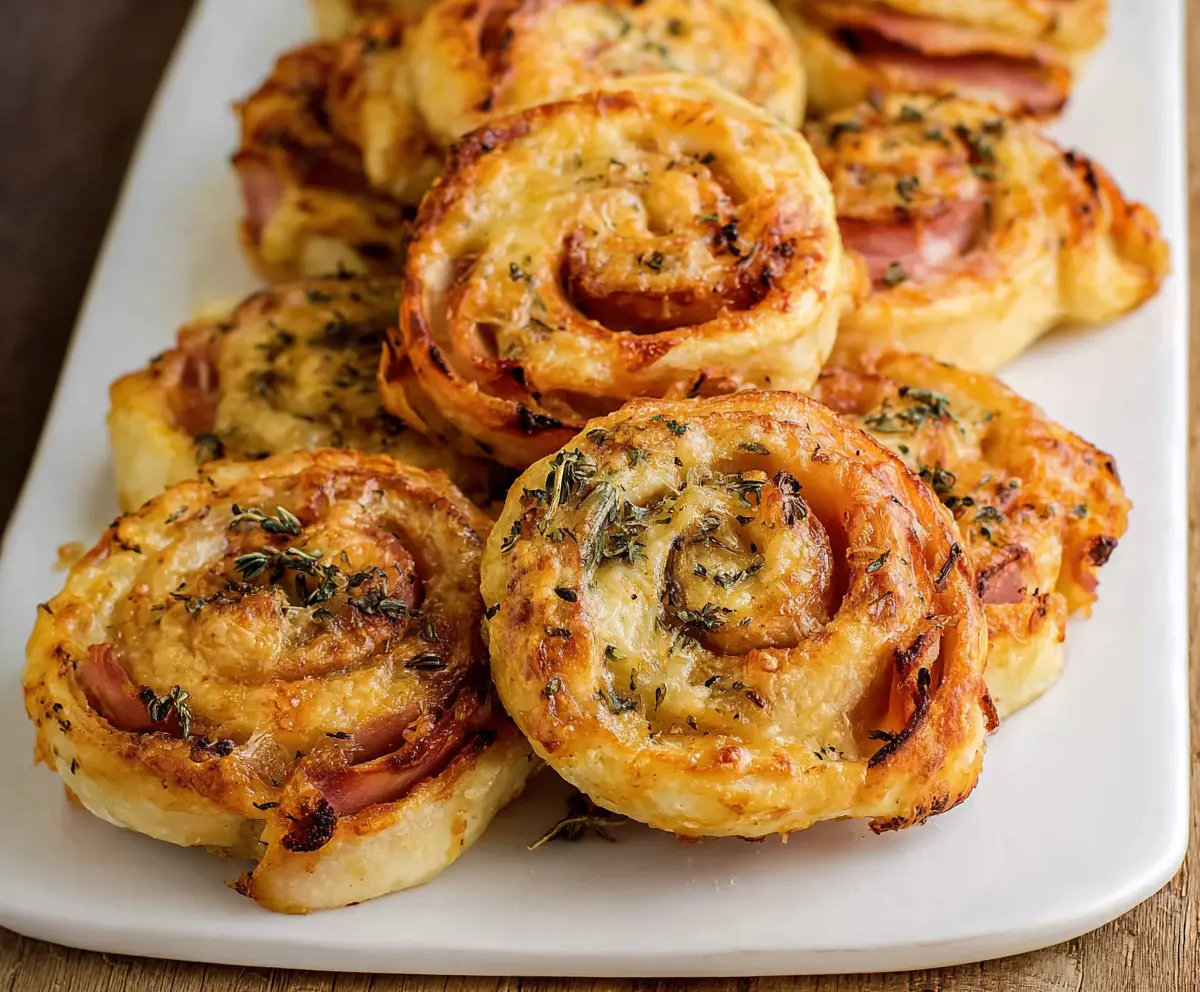 Delicious ham and cheese pinwheels fresh out of the oven, showcasing flaky layers and melted cheese.
