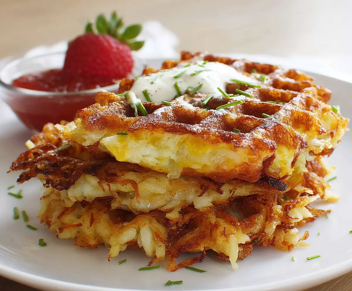 Crispy golden Hash Brown Waffles served on a plate with garnish, perfect for breakfast or brunch.