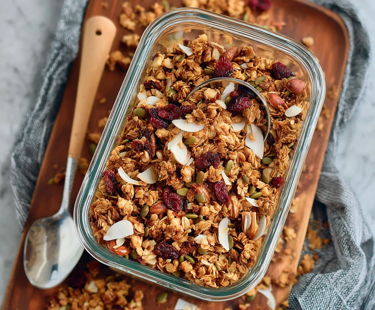 Homemade healthy granola in a glass jar with oats, nuts, and dried fruits for a nutritious breakfast.