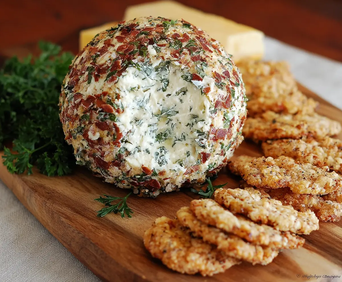 Herb and garlic cheese ball appetizer with fresh herbs and creamy cheese dip.
