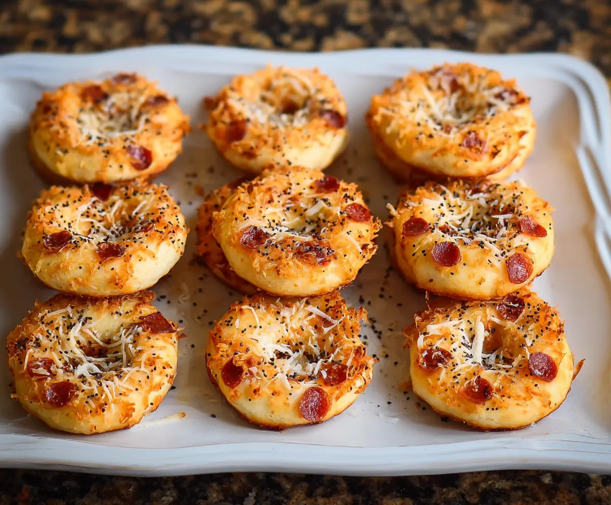 Delicious homemade Bagel Bites with melted cheese and toppings on a wooden board.