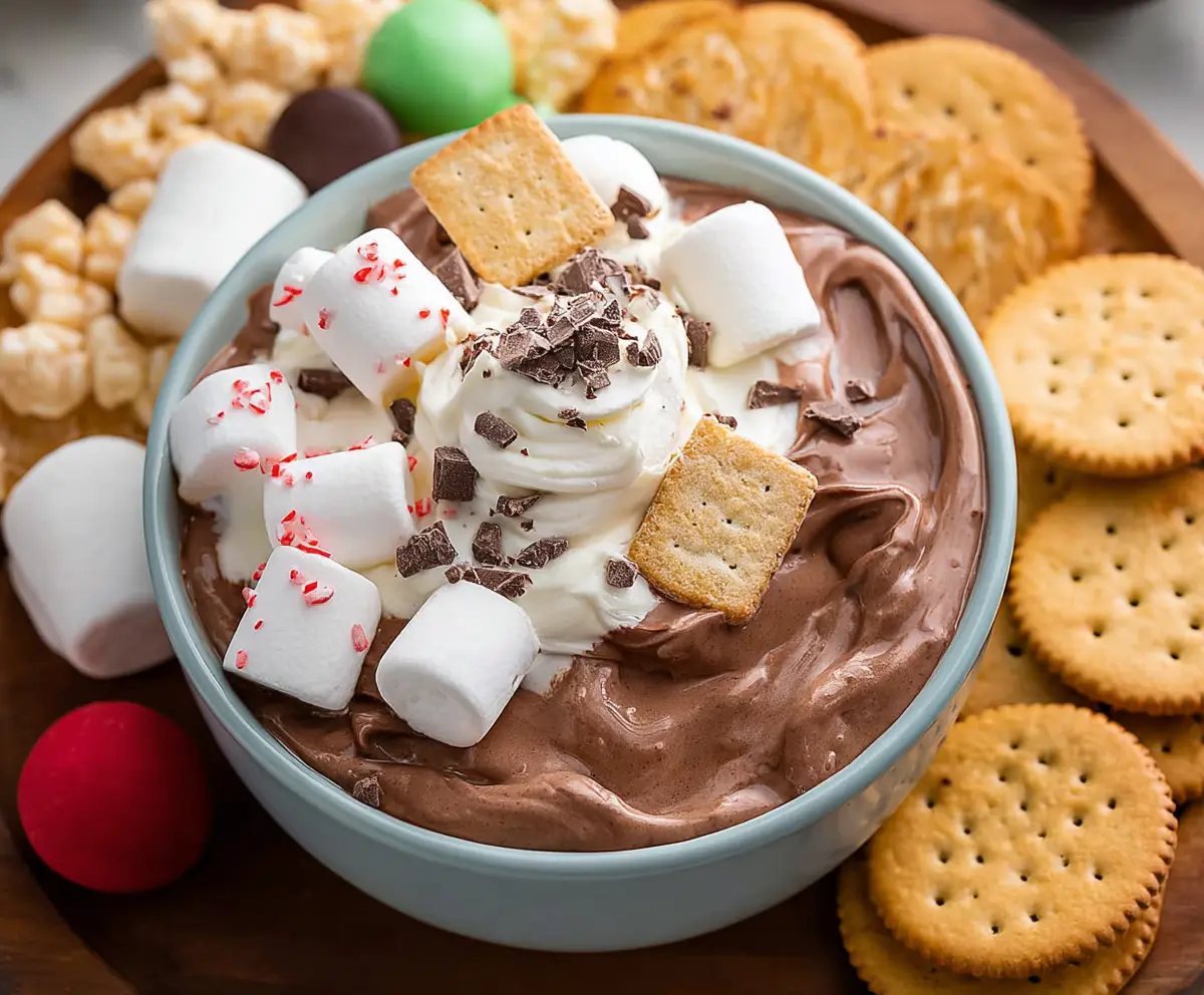 Delicious Hot Cocoa Dip served with marshmallows and cookies, perfect for winter treats.