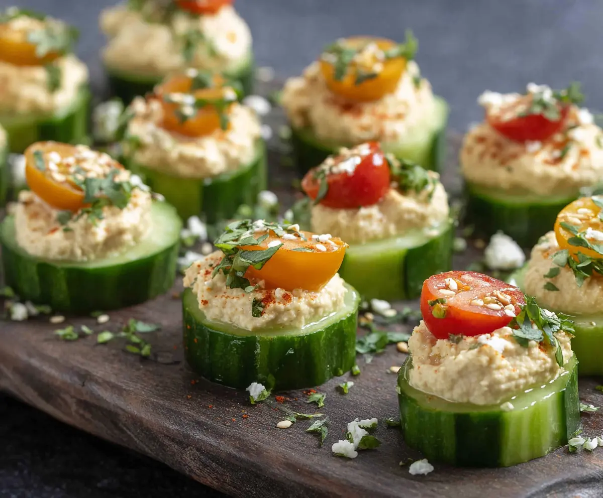 Delicious hummus cucumber bites platter, perfect for appetizers and healthy snacks.