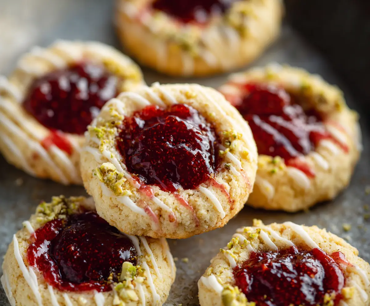 Delicious Italian Raspberry Thumbprint Cookies on a plate, showcasing their shiny raspberry filling and golden-brown crust.
