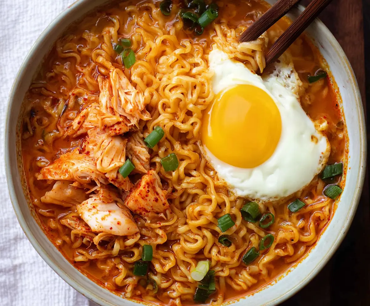Delicious Kimchi Cheese Ramen bowl featuring spicy fermented kimchi and melted cheese ontop.