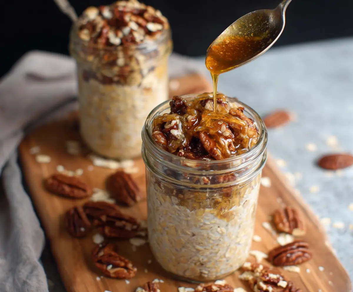Creamy Maple Praline Overnight Oats garnished with chopped nuts and fresh berries in a glass jar.