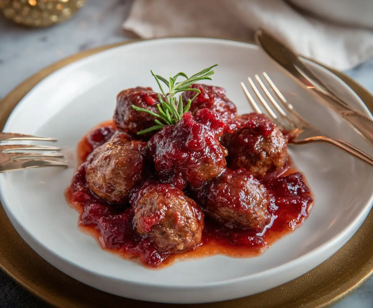 Juicy homemade meatballs served with a rich cranberry sauce for a festive appetizer.