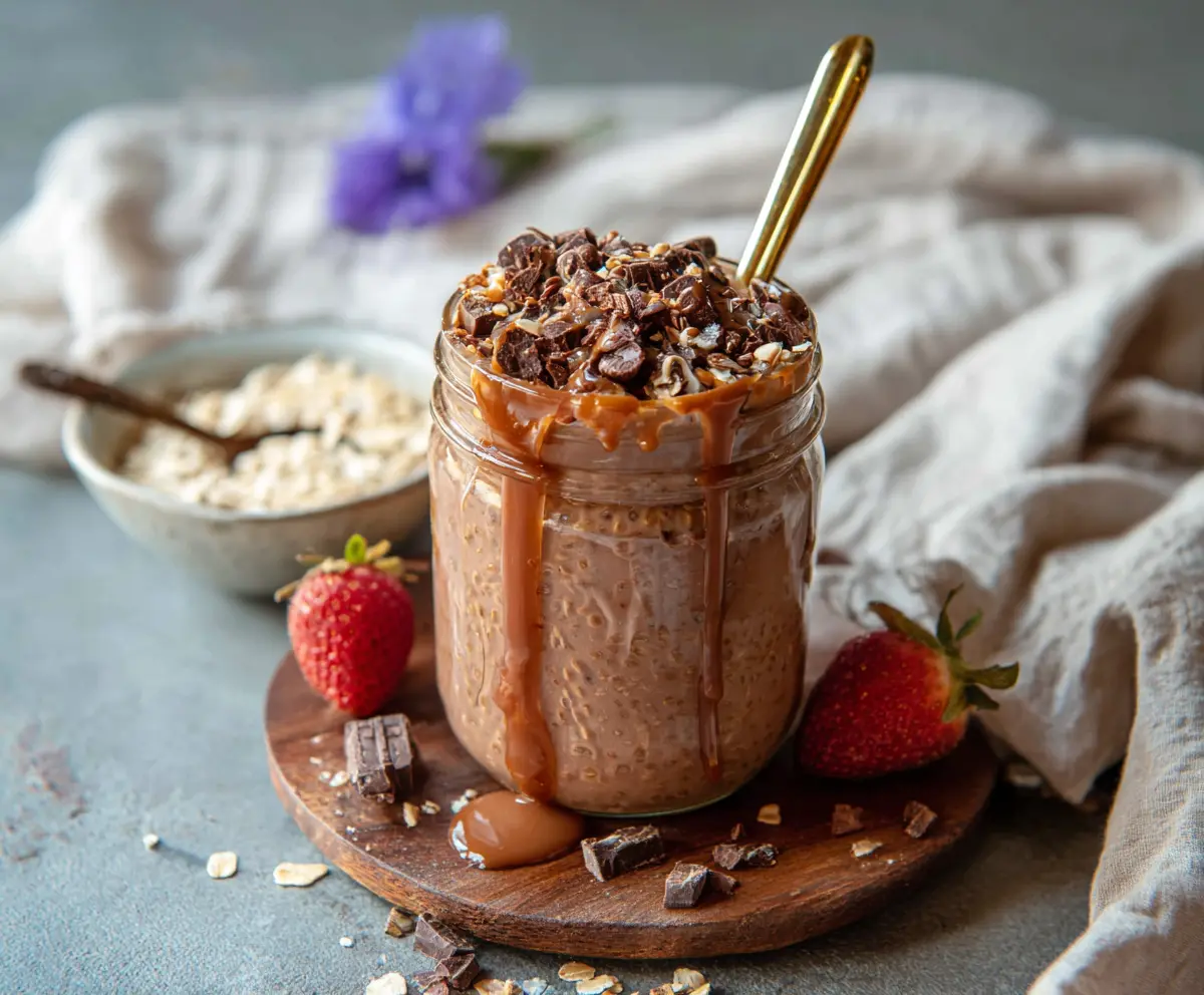 Creamy Mocha Overnight Oats topped with chocolate shavings and a drizzle of cocoa for a delicious breakfast treat.