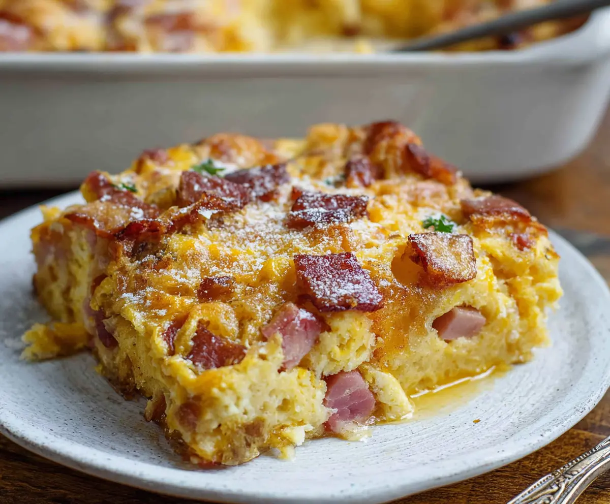 Delicious Monte Cristo Breakfast Casserole topped with melted cheese and fresh herbs, perfect for brunch.