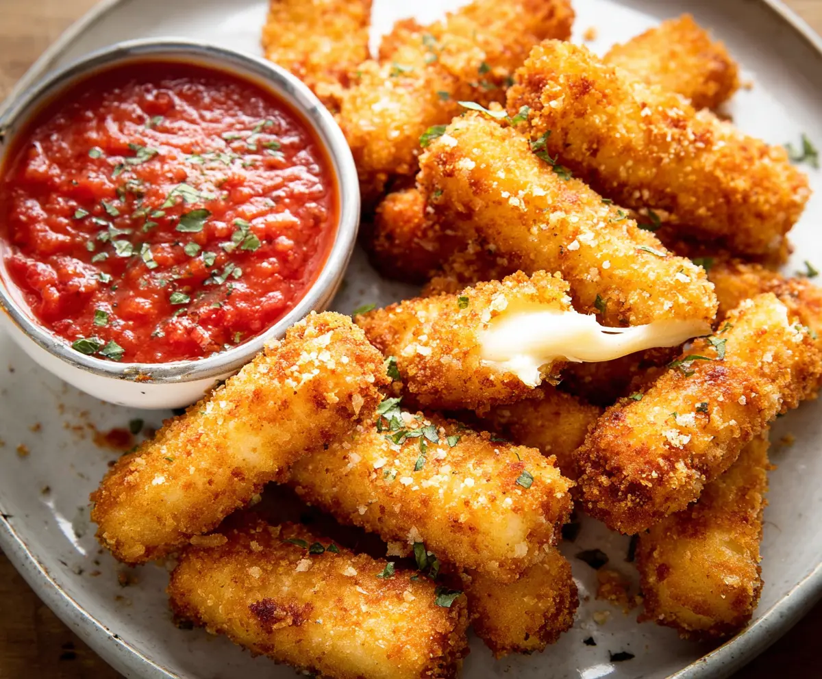 Crispy mozzarella sticks served with marinara sauce on a white plate, perfect for appetizer or snack.