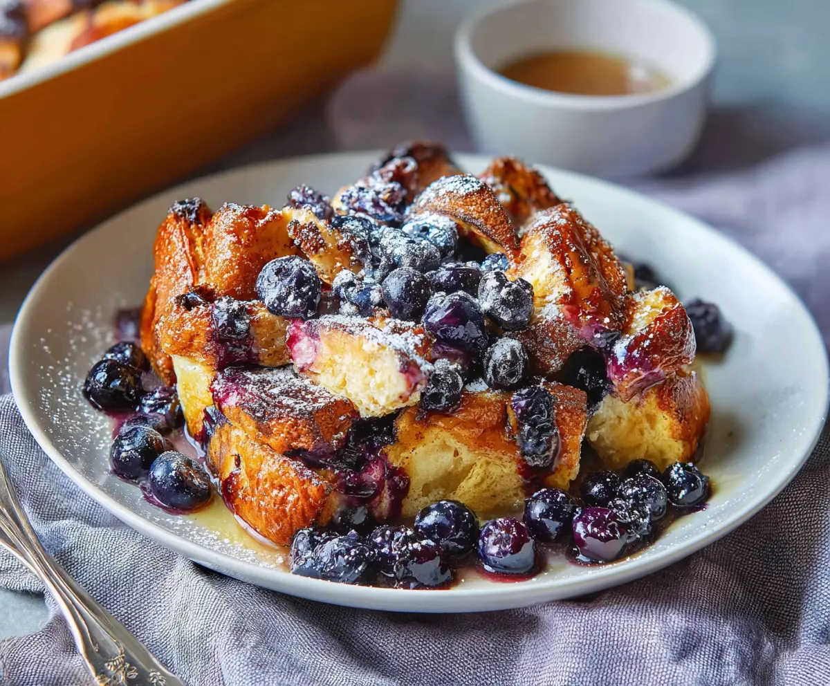 Delicious overnight blueberry French toast garnished with fresh blueberries and powdered sugar.