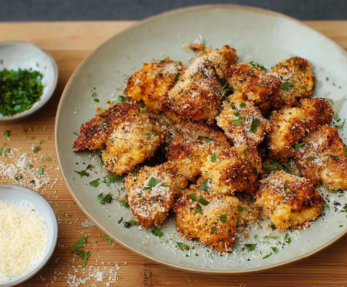 Delicious Parmesan Herb Chicken Bites on a plate, garnished with fresh herbs and served with dipping sauce.