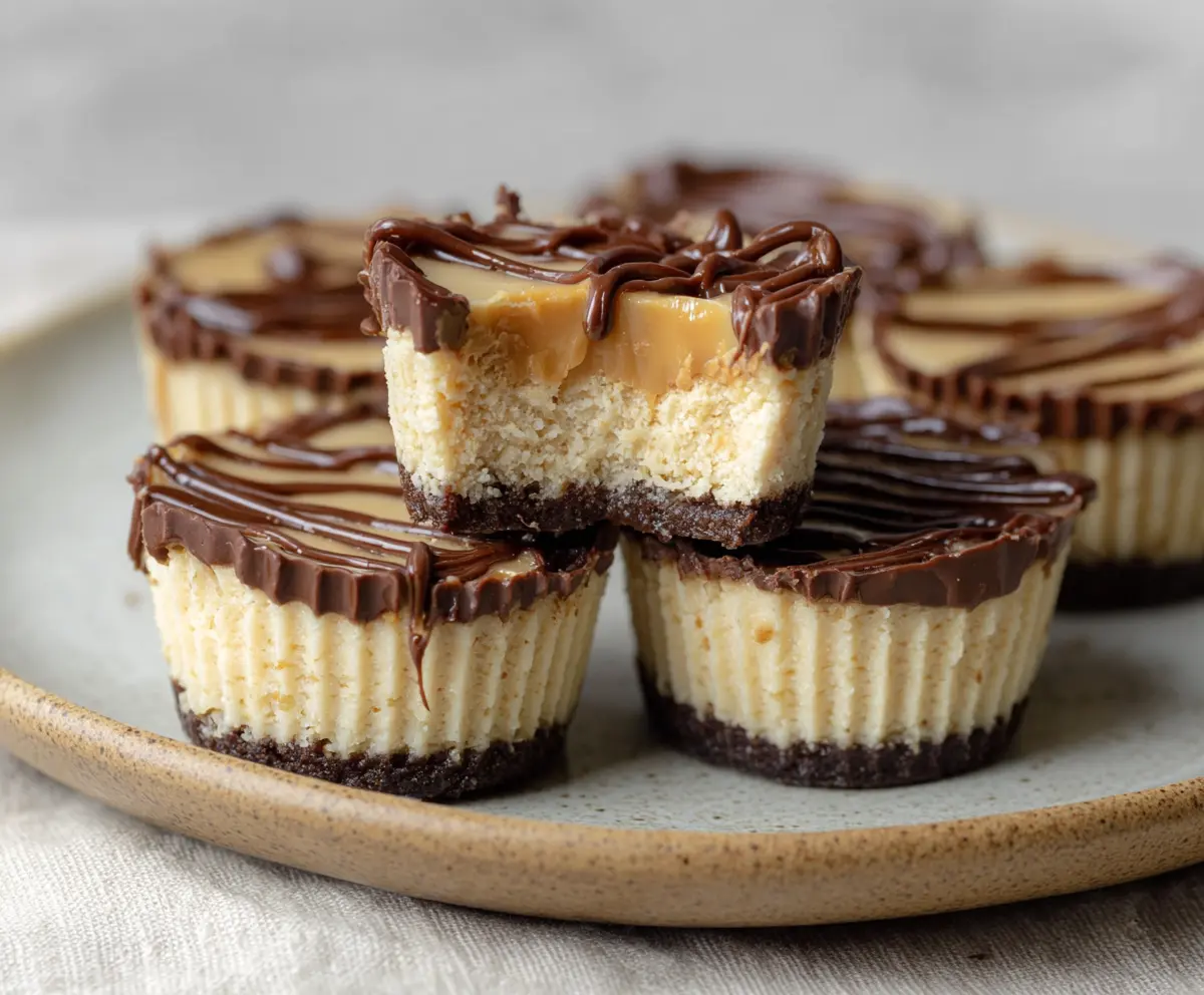 Delicious peanut butter cheesecake bites garnished with chocolate drizzle on a white plate.