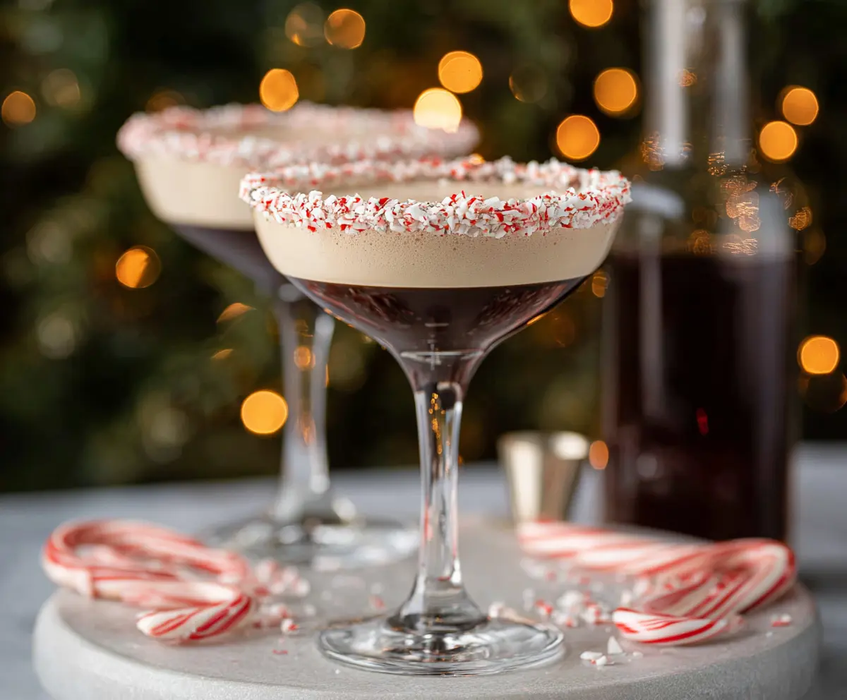 Delicious Peppermint Espresso Martini cocktail garnished with mint and chocolate for a festive party drink