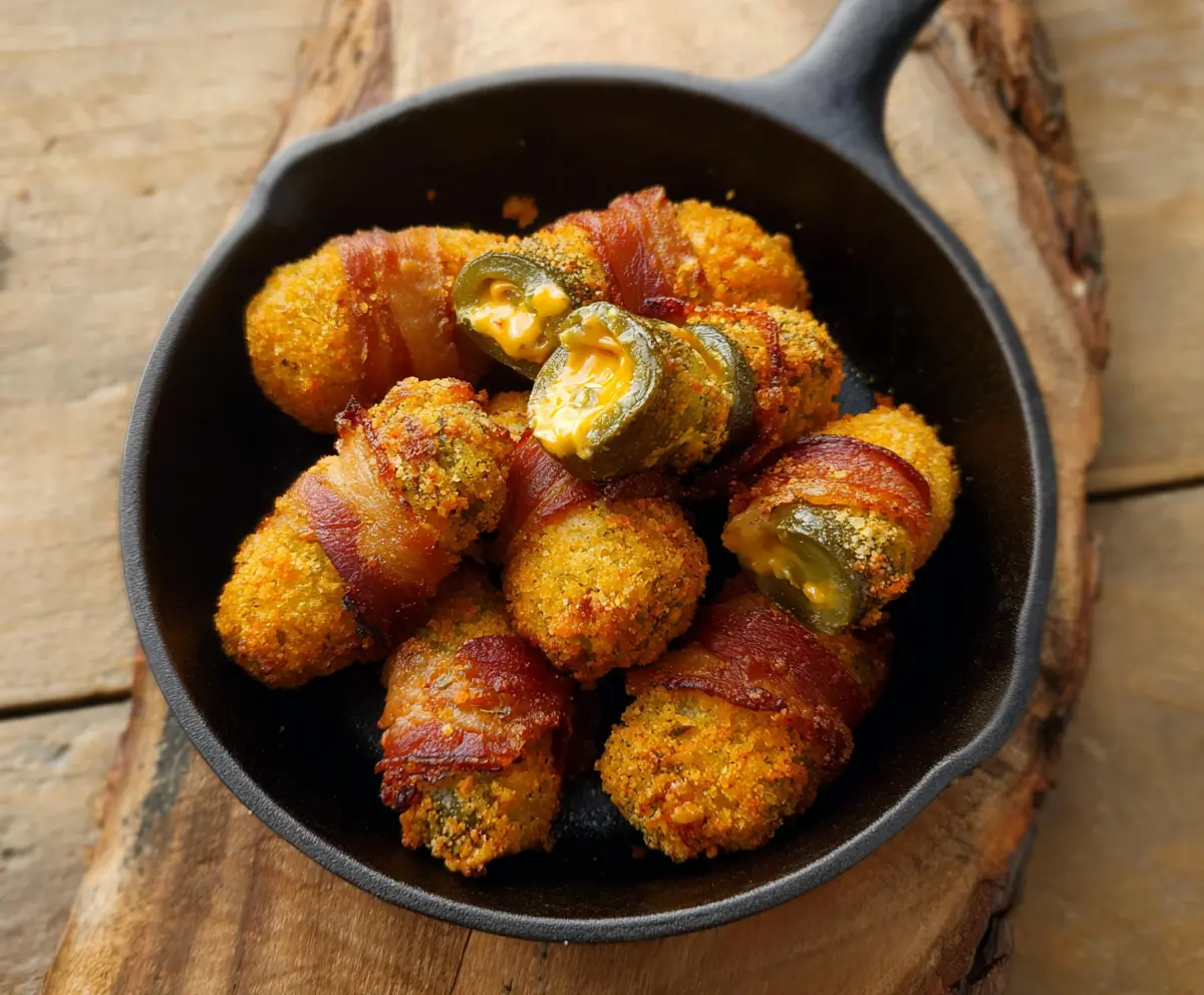 Savory pickle poppers filled with creamy cheese and crispy bacon, perfect as a snack or appetizer.
