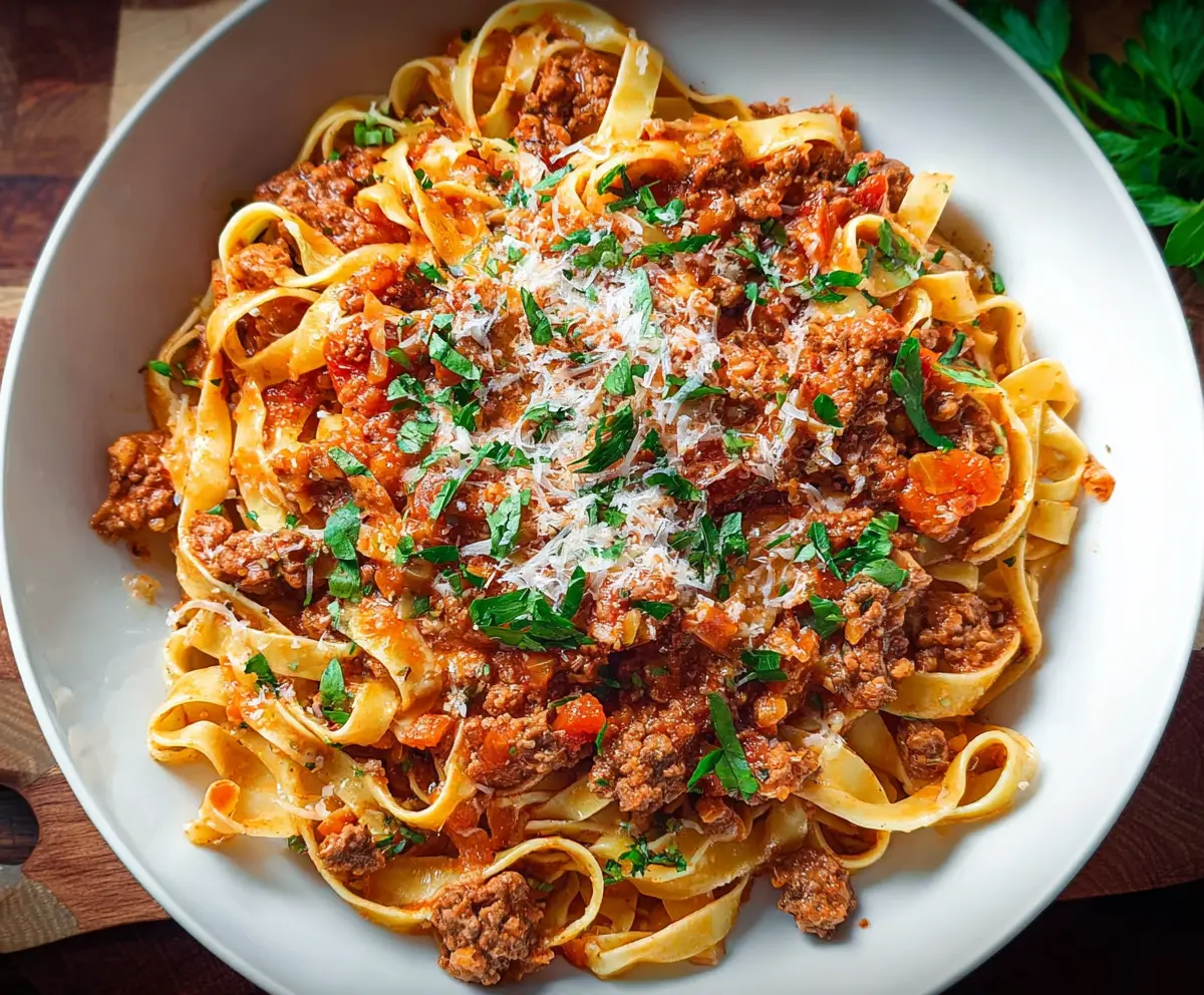 Delicious Pork Bolognese Pasta served with fresh herbs and grated cheese.