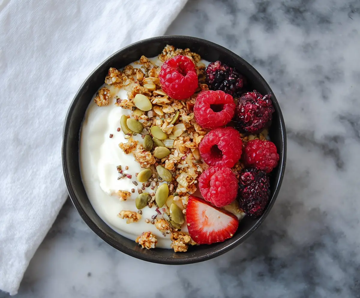 Healthy protein yogurt bowl topped with fresh fruits and nuts, perfect for a nutritious breakfast or snack.