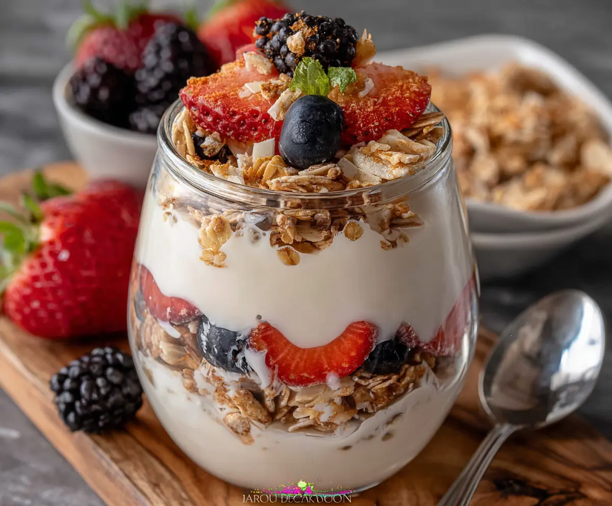 Healthy protein yogurt parfait layered with fresh berries and granola for a nutritious breakfast