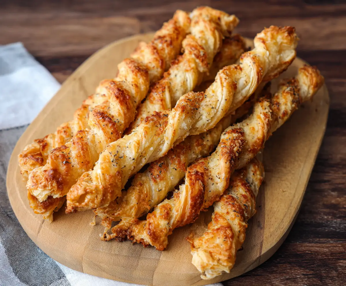 Golden puff pastry parmesan twists with crispy edges and a cheesy aroma, perfect as a snack or appetizer.