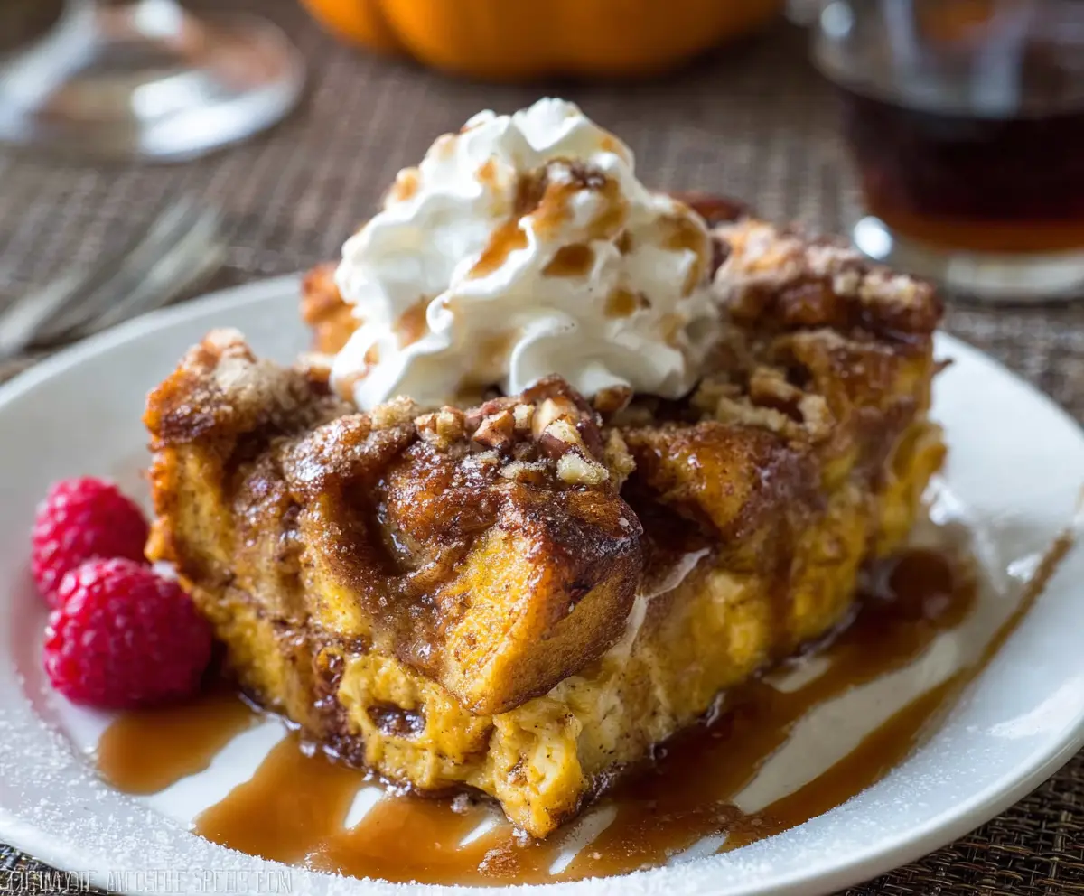 Delicious Pumpkin Spice French Toast Casserole topped with whipped cream and fresh cinnamon for a cozy breakfast.