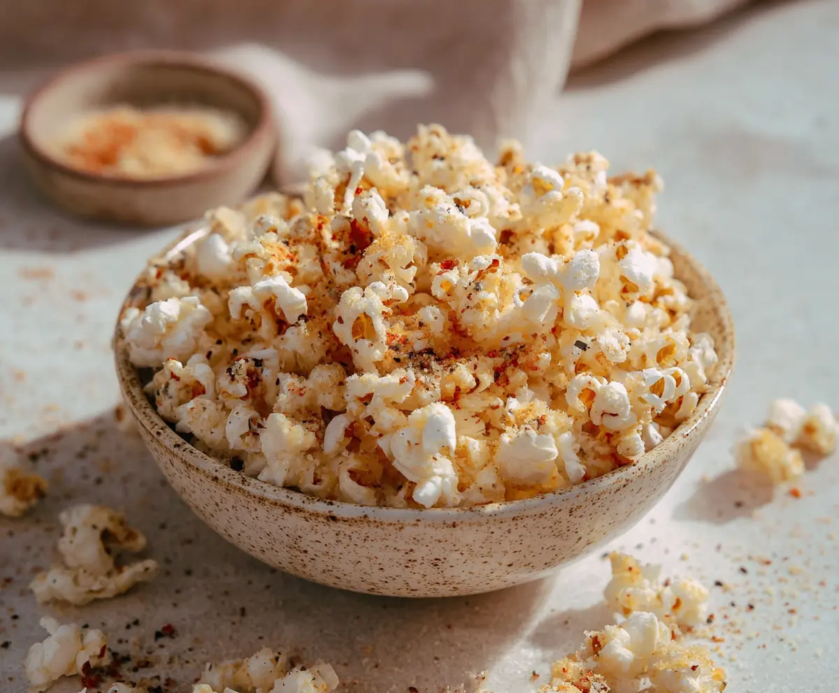 Crunchy roasted garlic parmesan popcorn in a bowl, perfect for movie nights.