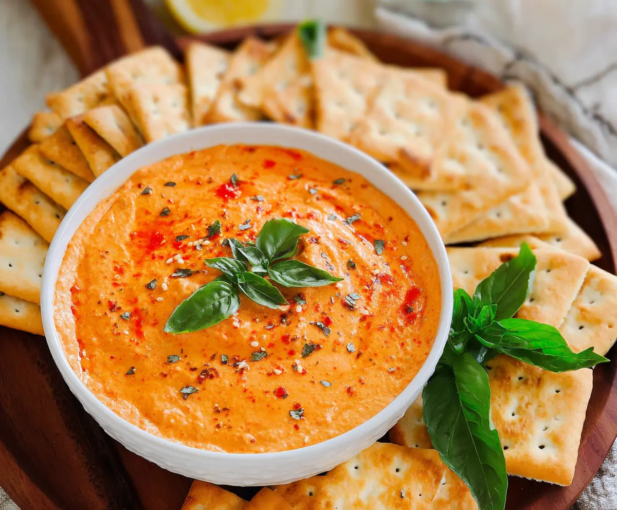 Creamy roasted red pepper dip served with fresh vegetables and pita bread.