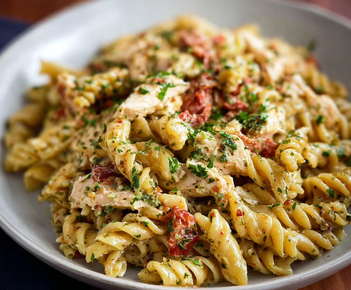 Delicious rotisserie chicken pasta dish with creamy sauce and fresh herbs