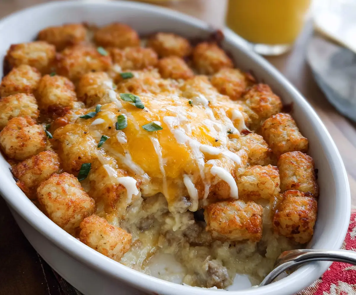 Delicious Sausage Gravy Breakfast Tater Tot Casserole topped with melted cheese and crispy tater tots, perfect for breakfast or brunch.