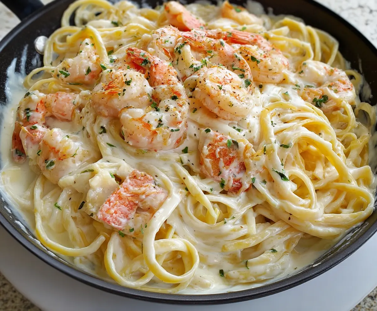 Creamy seafood Alfredo pasta with shrimp and scallops in a rich white sauce served on a white plate.