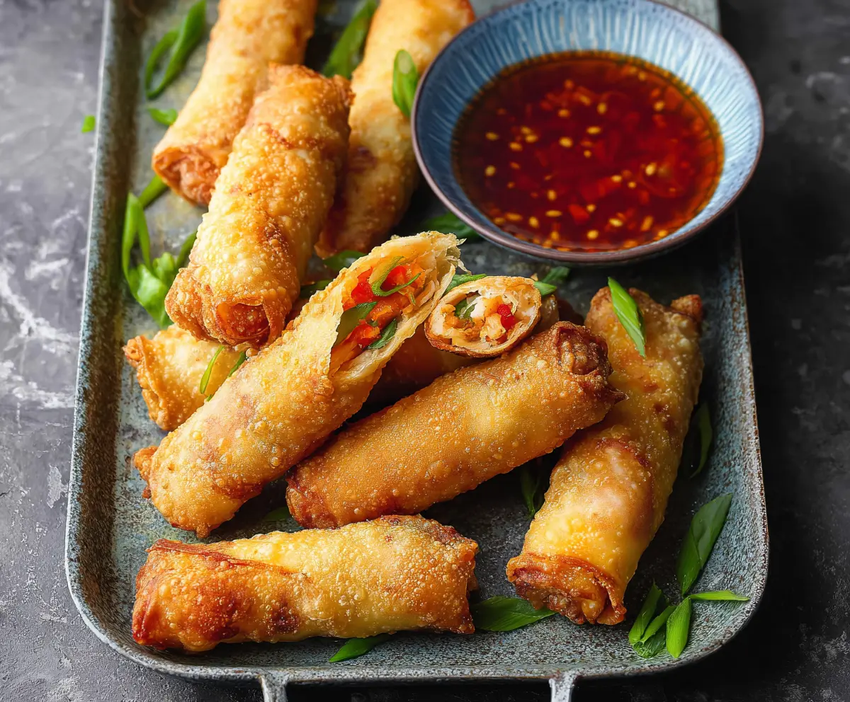 Crispy shrimp egg rolls served with dipping sauce on a plate.