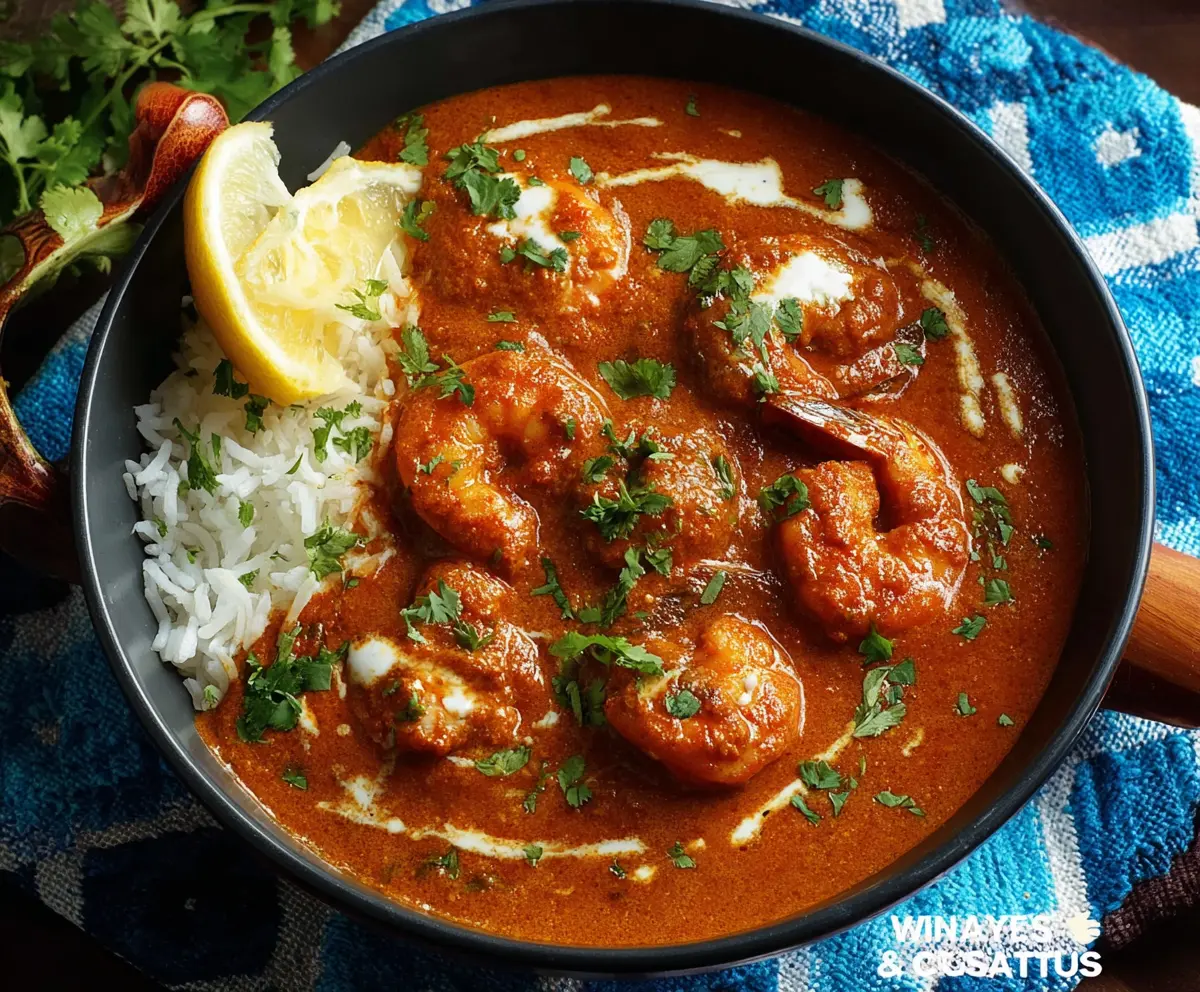 Delicious shrimp tikka masala served with rice on a plate