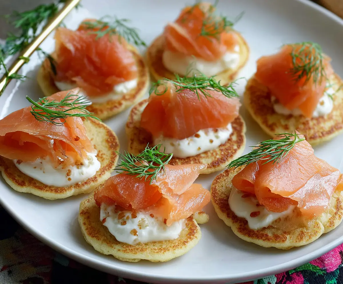 Delicious smoked salmon blini bites garnished with fresh herbs for an elegant appetizer.