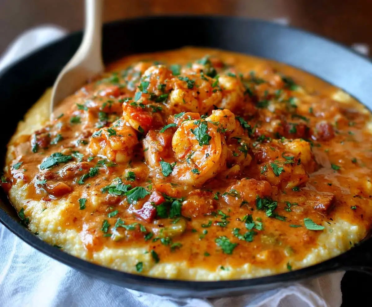 Delicious smothered shrimp served over creamy stone-ground grits, perfect for a hearty Southern meal.