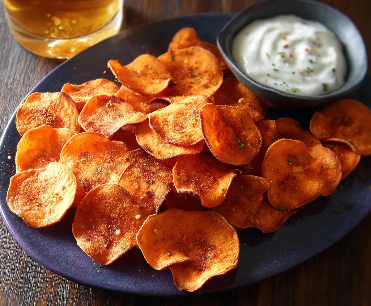 Crave-worthy spicy sweet potato chips served as a healthy snack or appetizer.