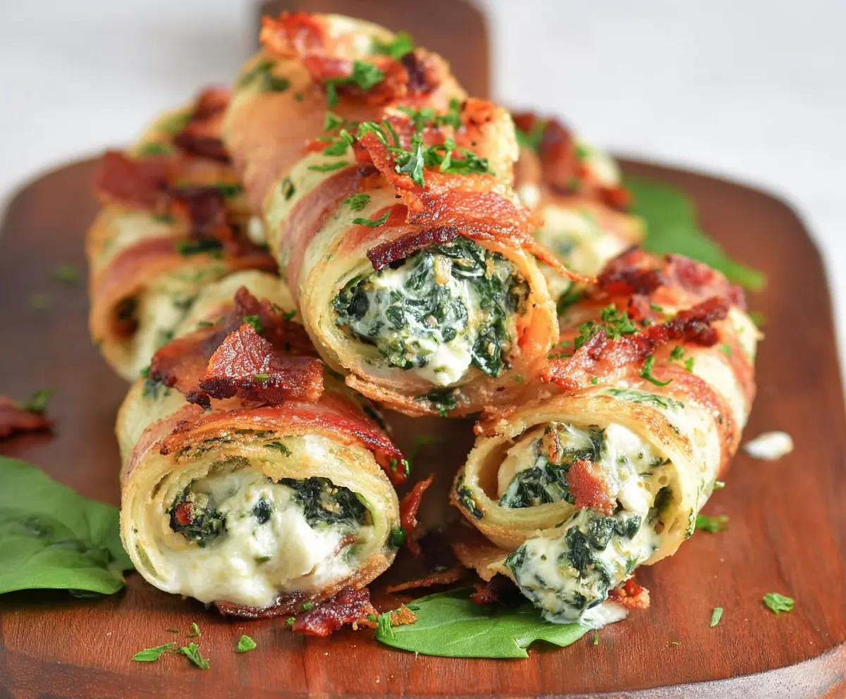 Delicious spinach and bacon cream cheese roll ups on a plate, perfect for appetizers or snacks.