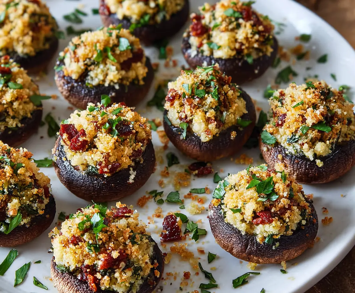 Delicious stuffed mushrooms garnished with herbs on a white plate perfect for appetizer recipes.