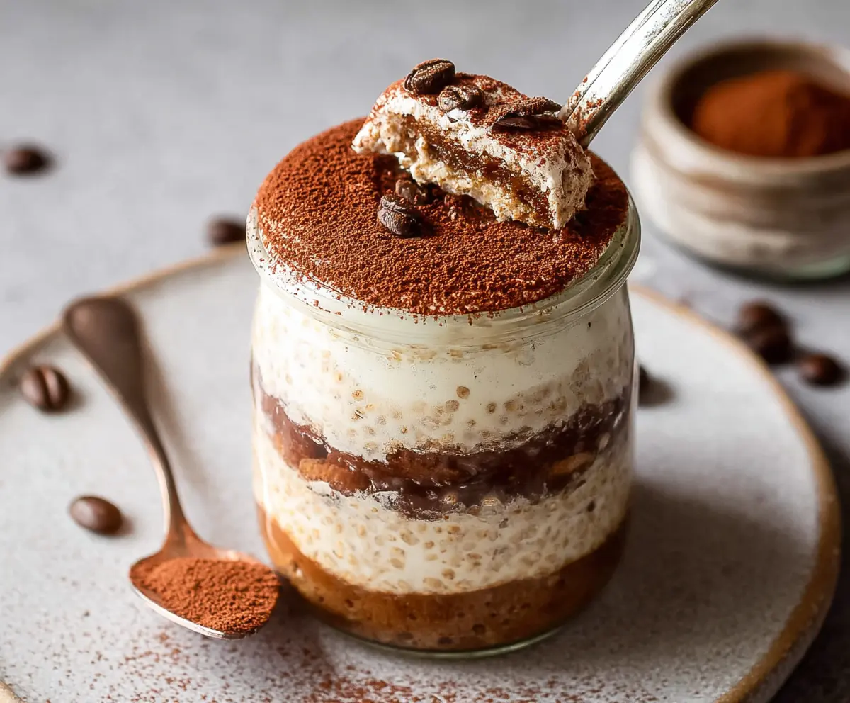 Creamy Tiramisu Overnight Oats in a jar topped with cocoa powder and coffee beans