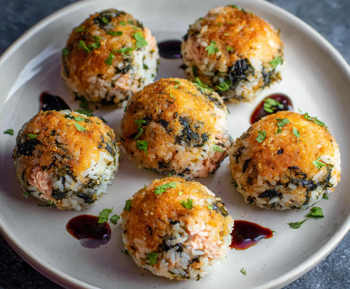 Delicious homemade tuna rice balls with seasonings and garnish