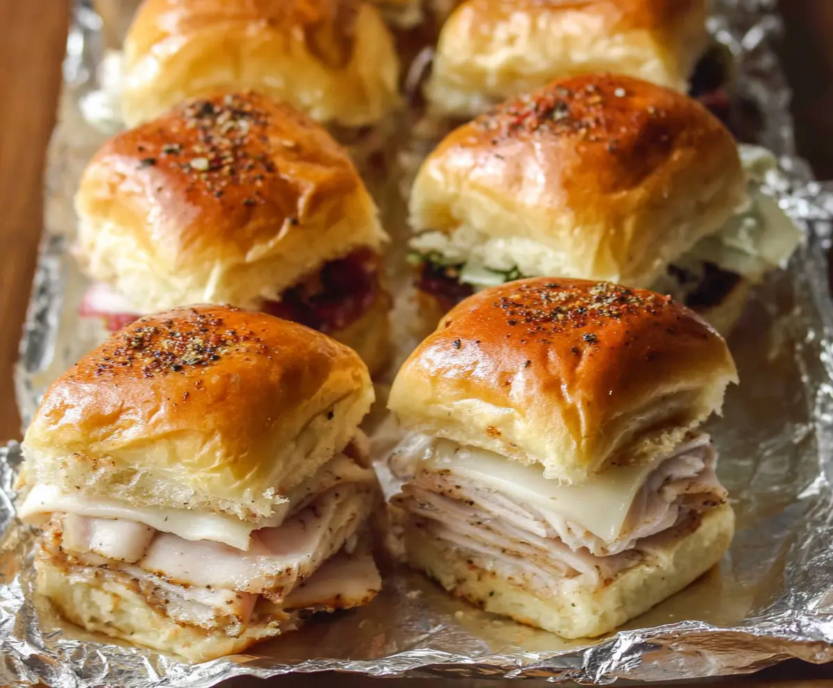 Delicious turkey and Swiss cheese sliders on a serving platter each topped with melted Swiss cheese and fresh herbs.
