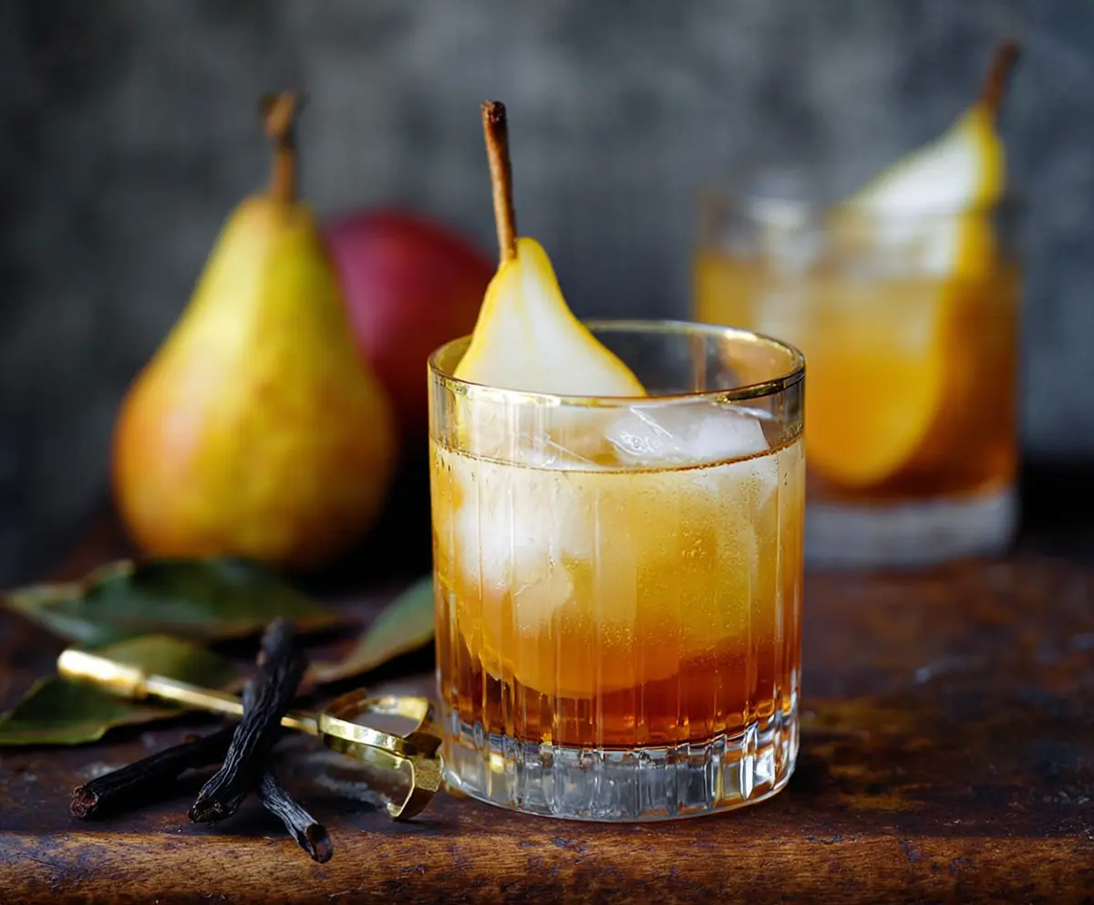 Refreshing Vanilla Pear Bourbon Cocktail served in a elegant glass with fresh pear slices and vanilla bean garnish.