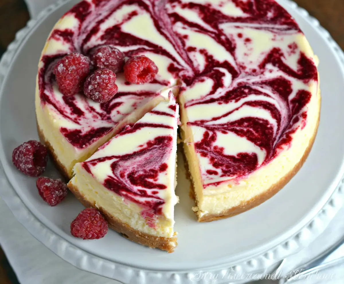 Delicious White Chocolate Raspberry Swirl Cheesecake topped with fresh berries and white chocolate shavings.