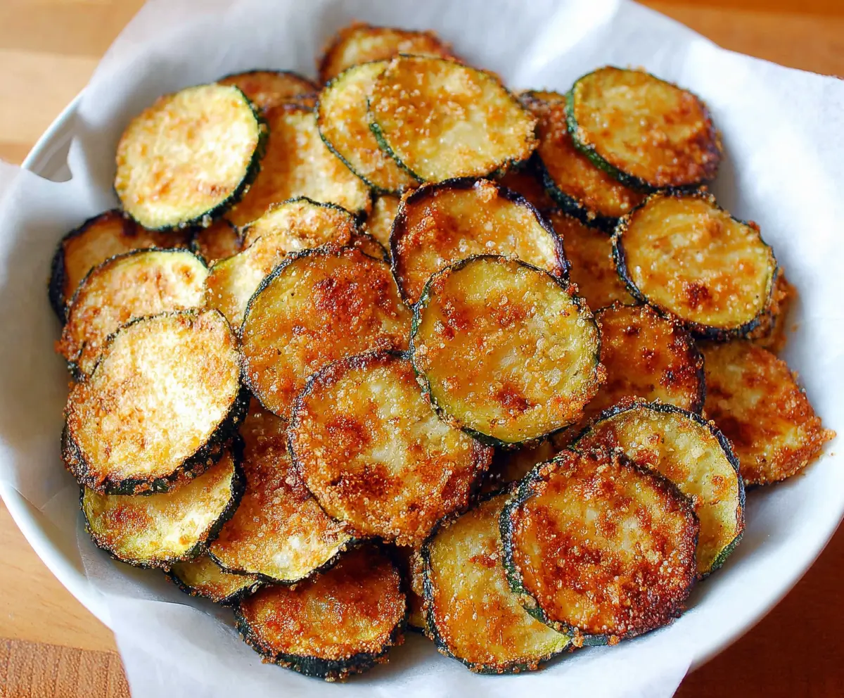 Crispy baked zucchini chips seasoned with herbs on a white plate