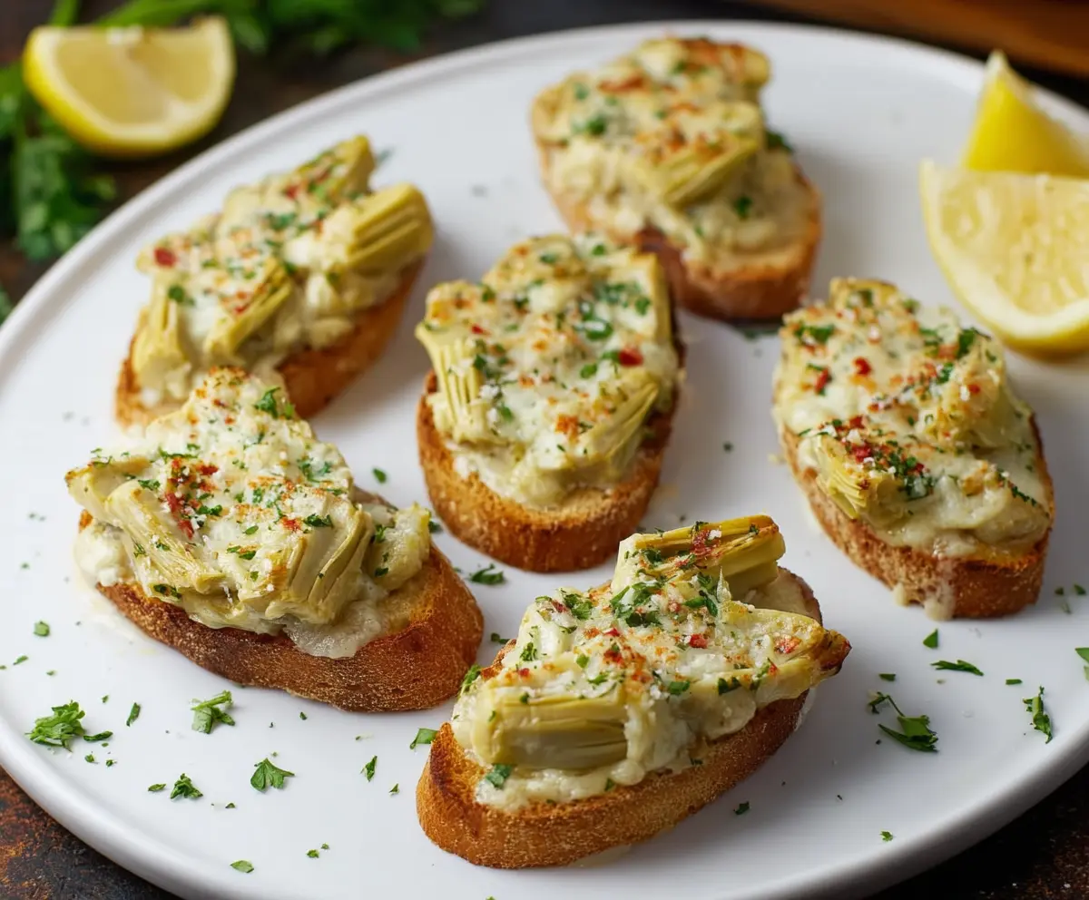 Delicious artichoke bruschetta with fresh herbs on toasted baguette
