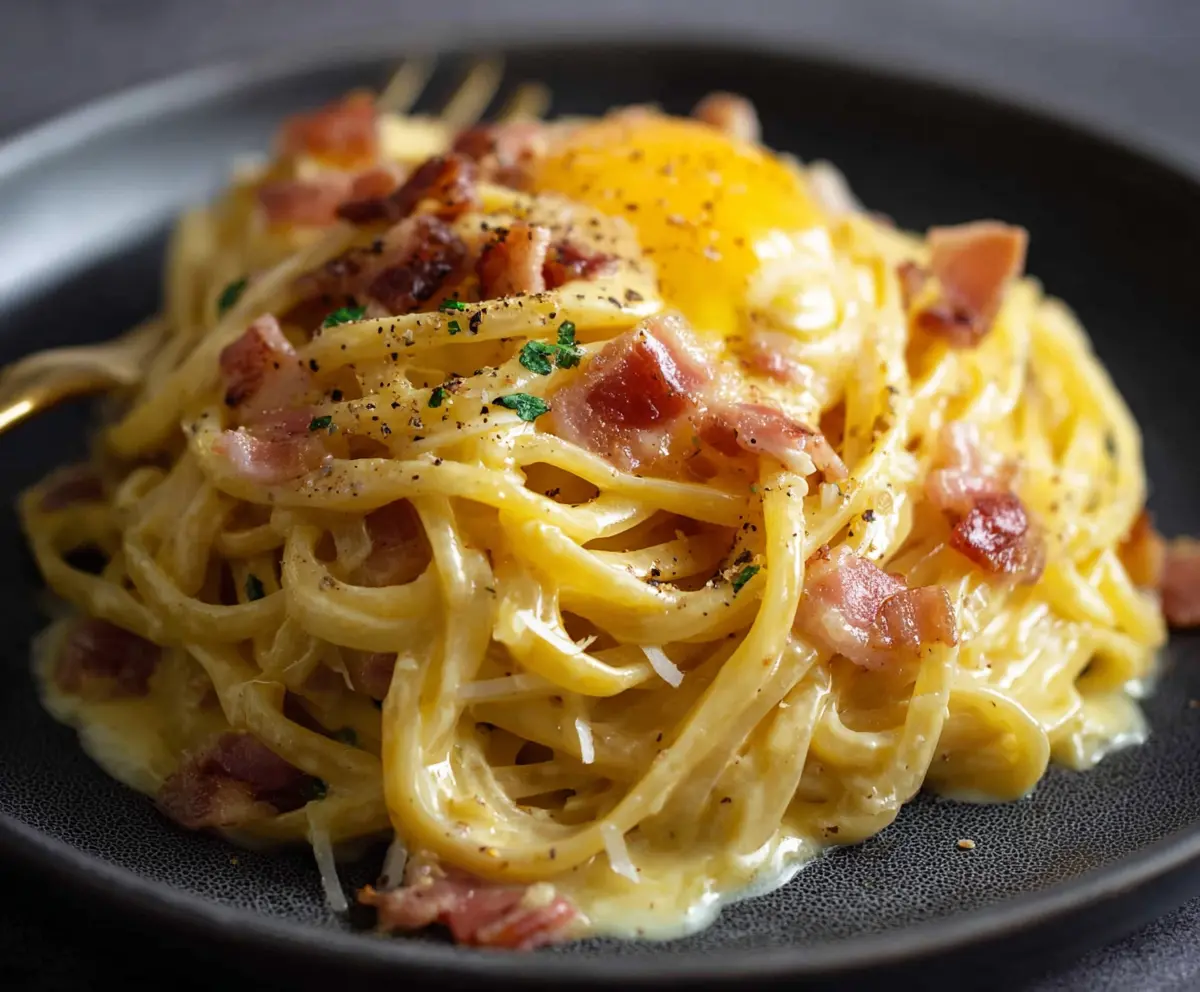 Delicious homemade Pasta Carbonara with creamy sauce and crispy pancetta ready to serve.