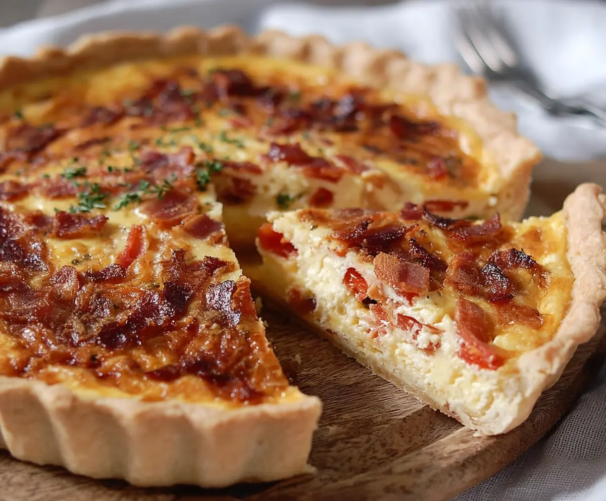 Delicious Bacon and Cheese Quiche with a golden crust and melted cheese filling