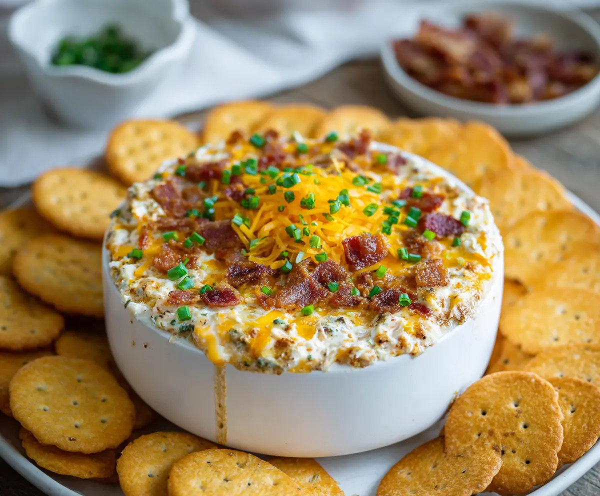 Savory Bacon Cheddar Crack Dip with crispy bacon bits and melted cheddar cheese in a serving bowl.